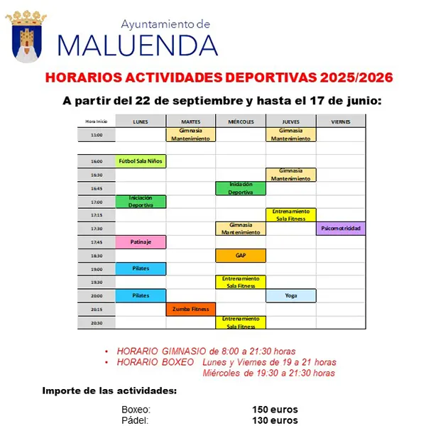 Horarios actividades deportivas 2025-2026
